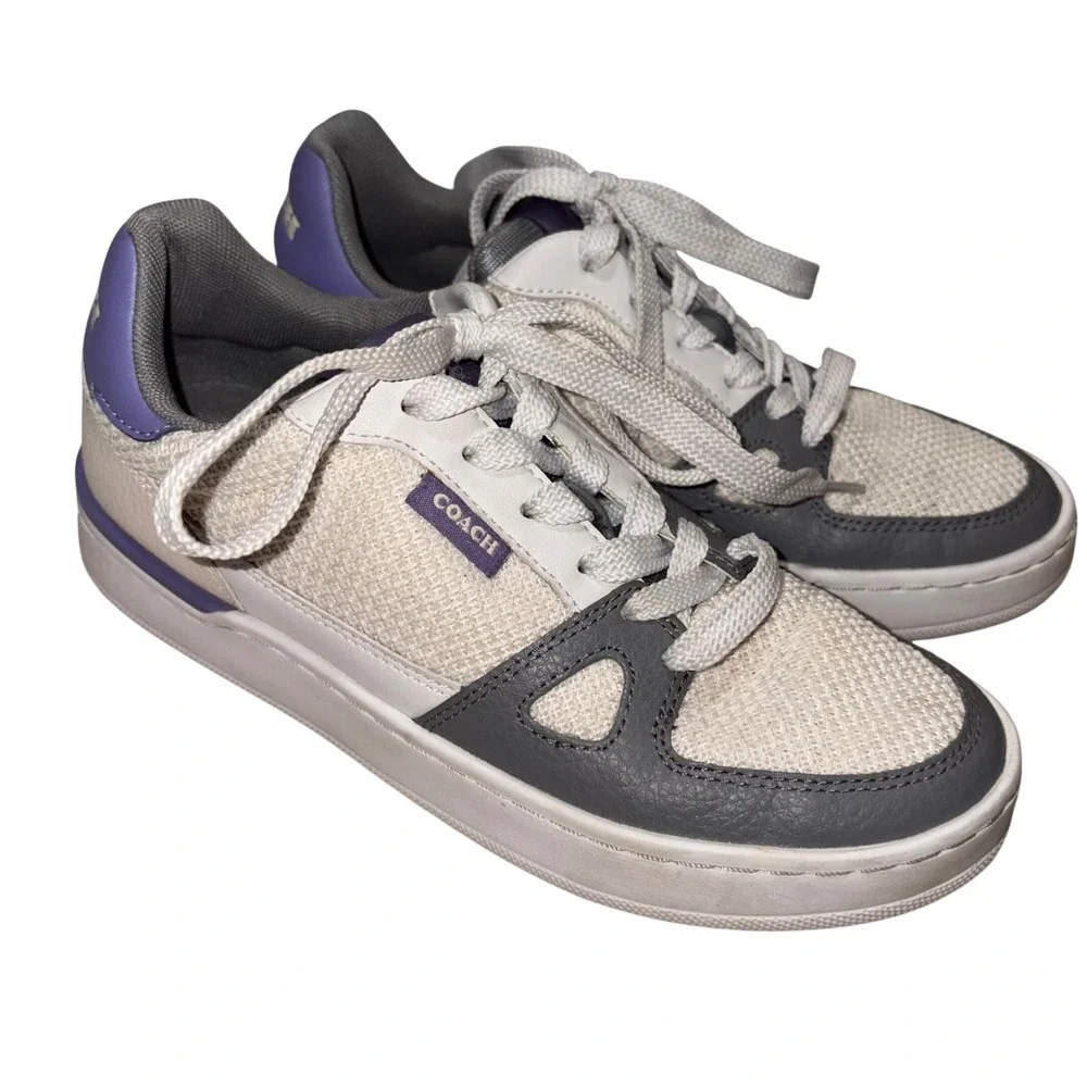 Coach Low Top Sneakers White Grey Purple Leather‎ Mesh Lace Up Women's Size 6